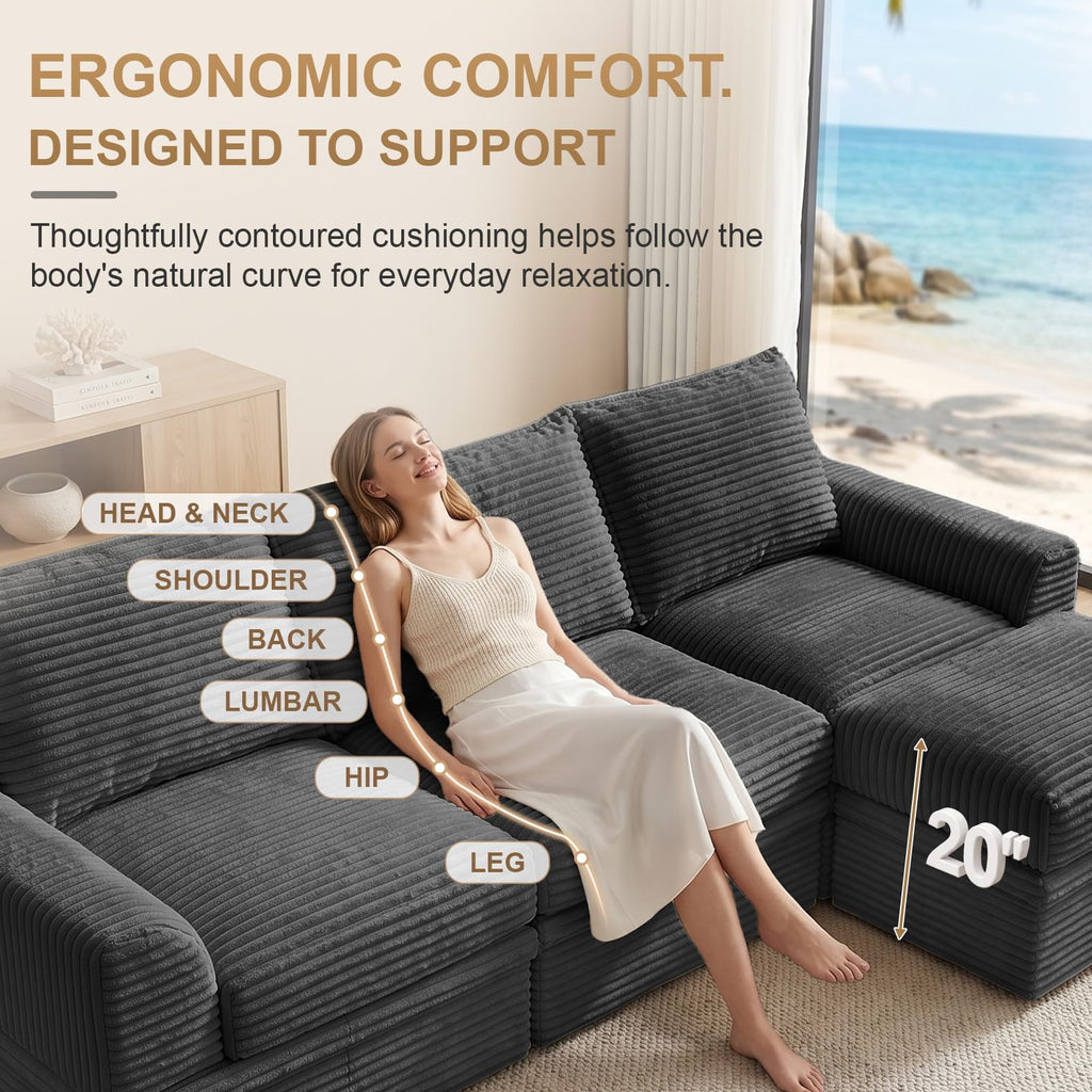 142" Oversized Modular Sectional Cloud Couches, Corduroy 6-Seat Large Upgraded Boneless Couch with Ottoman Chaise