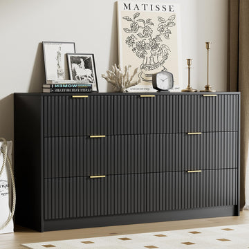 Black 7 Drawer Dresser, 55.1" Wide Fluted Wood Dresser