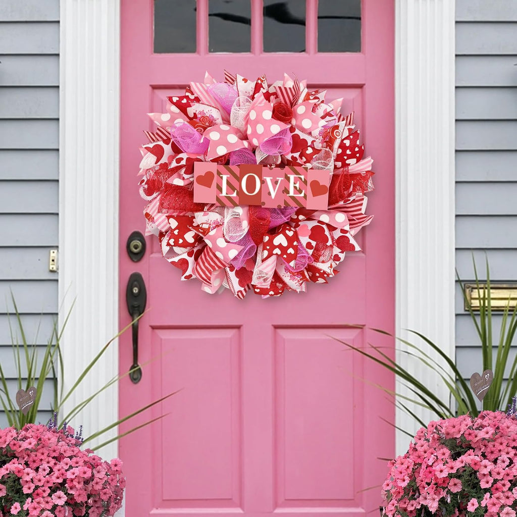 17 Inch Valentines Day Mesh Wreath,Valentines Wreaths for Front Door with Love Wooden Sign Fishnet Yarn, Valentines