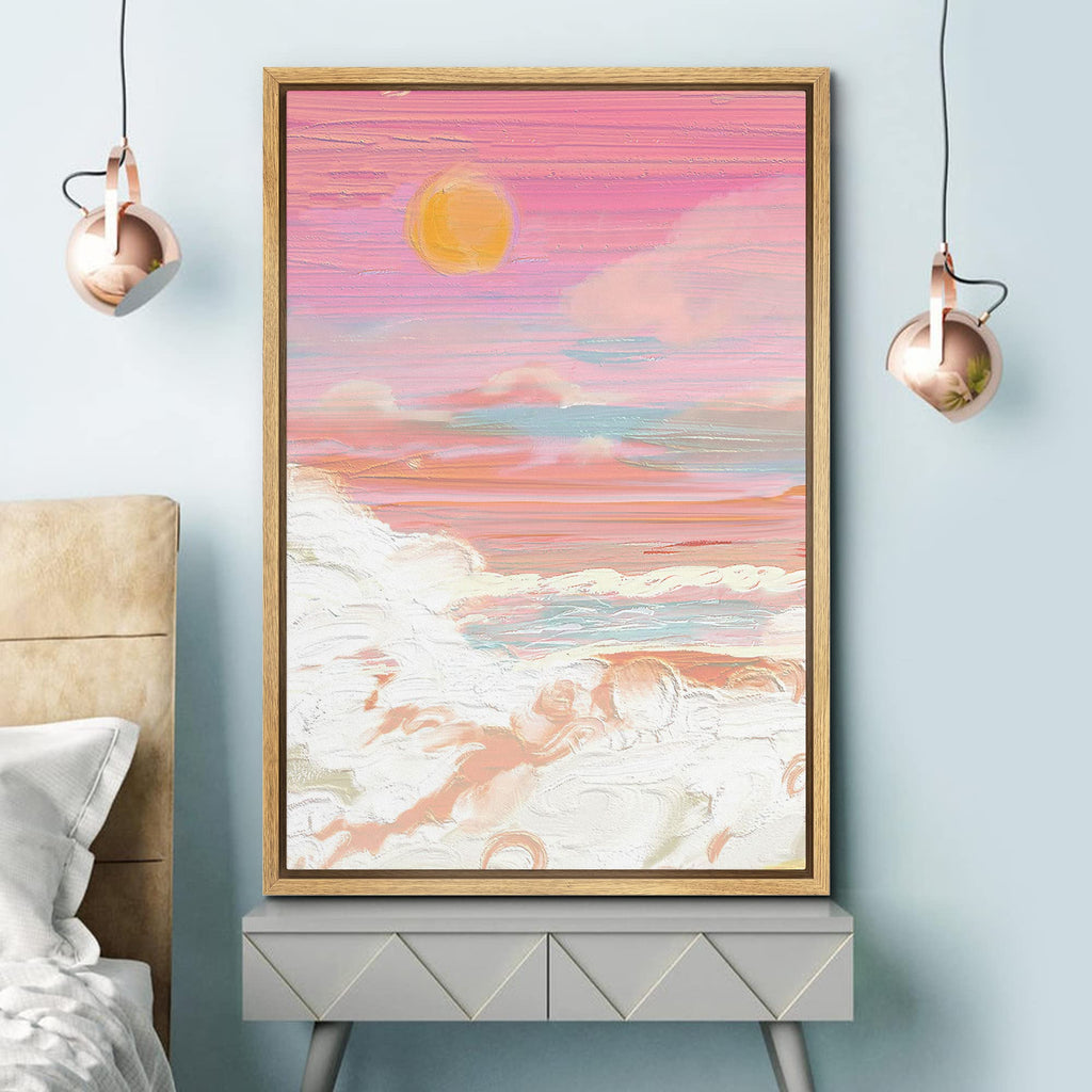 Framed Canvas Print Wall Art Pastel Watercolor Pink Sunset Cloud Nature Wilderness Illustrations Modern Art Vibrant