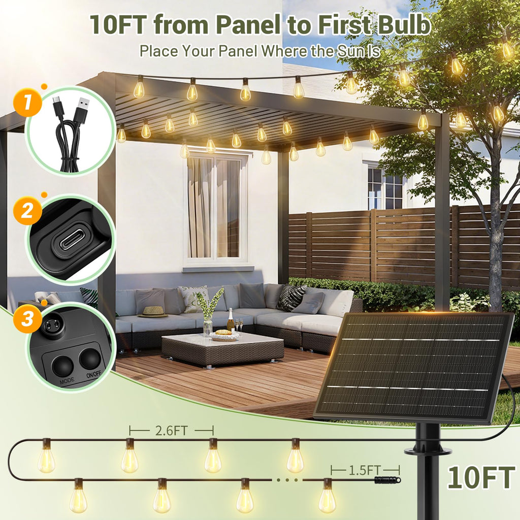 Solar Outdoor String Lights with 36+2 Edison Shatterproof Waterproof Bulbs, 2200K Commercial Grade Patio