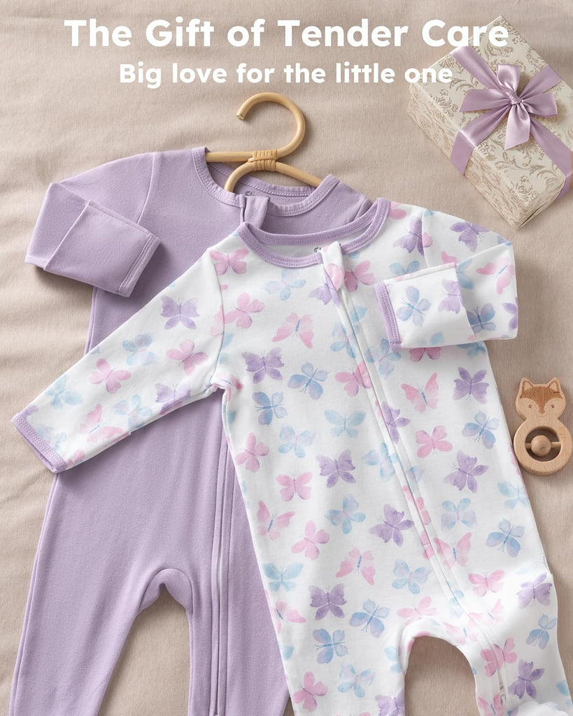 Girl Sleepers 100% Cotton Footie Pajamas 0-3 3-6 with Way Zipper, 2pcs PJs Baby Girl Clothes