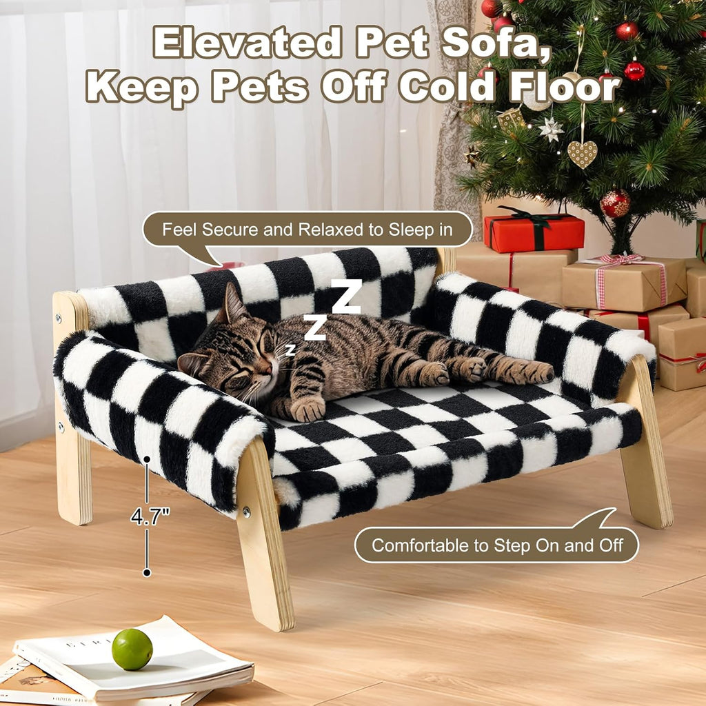 Elevated Cat Couch Bed for Indoor Cats - Wooden Pet Sofa with Removable Washable Thick Cover Raised Kitty Lounge