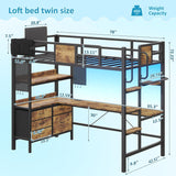 Loft Bed with Desk,Twin Loft bed with 5 Storage Drawers & 2 open Shelves & LED Light and Charging Station,Loft Bed