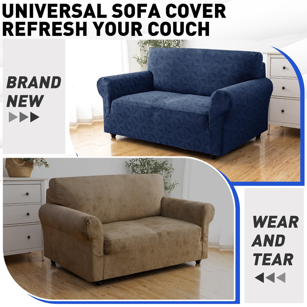 1 Piece Stretch Couch Covers for 2 Cushion Couch, Jacquard Loveseat Cover with Non-Slip Elastic Bottom, Thickened