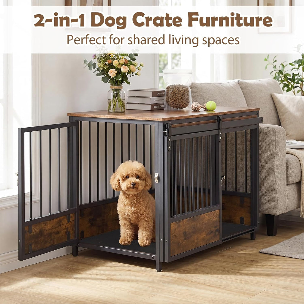 32.5" Dog Crate Furniture with Sliding Barn Door, Wooden Dog Kennel