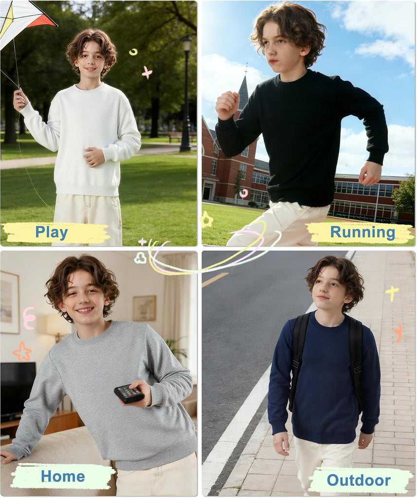 3 Pack Boys Long Sleeve Shirts Cotton Crewneck Sweatshirts Soft Pullover Tops for Kids