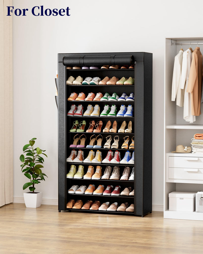 10-Tier Shoe Rack with Cover, Tall Shoe Shelf, 33" Wide, Black