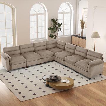 115" Wide Modular Sectional Sofa Couch, Oversized Corduroy l Shaped Sectional Couches with Rolled Arms, 7-Seater