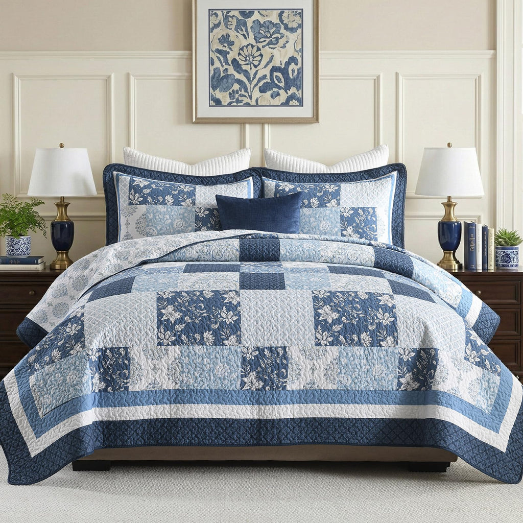 100% Cotton Quilt Set, Farmhouse Floral Patchwork Bedspreads