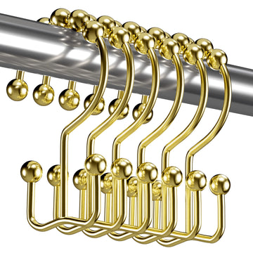 Gold Shower Curtain Hooks Rings, Rust-Resistant Metal Double Glide Shower Hooks Rings Shower Curtains Rods, Set of 12