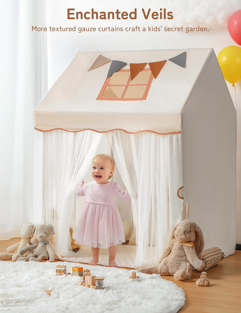 Kids Play Tent with Enclosure, Toddler Tent 2 in 1 with Padded Mat and Lights, Large Playhouse for Kids, Indoor &