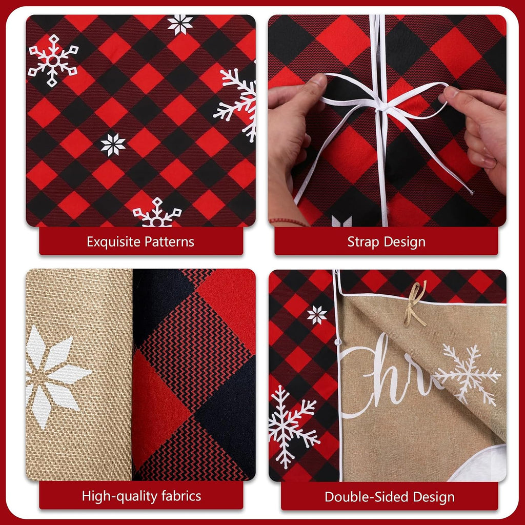 72 Inch Christmas Tree Skirt, Buffalo Plaid Tree Skirt for 7.5 ft Tree to 12ft Tree, Double Sided Burlap Tree Skirt