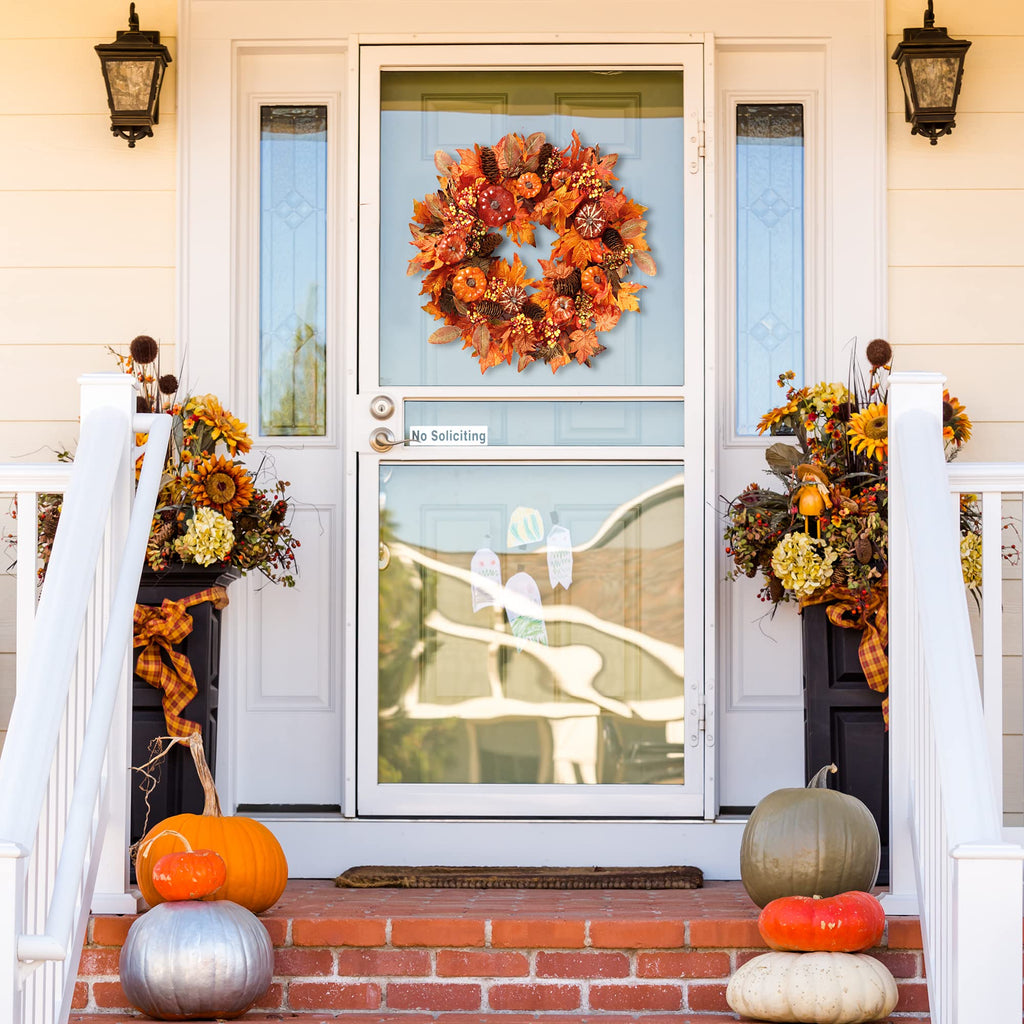 Fall Wreath 20'' Autumn Front Door Wreath with Various Pumpkin Cluster of Berries Maple Leaves Pine Cones for Outside