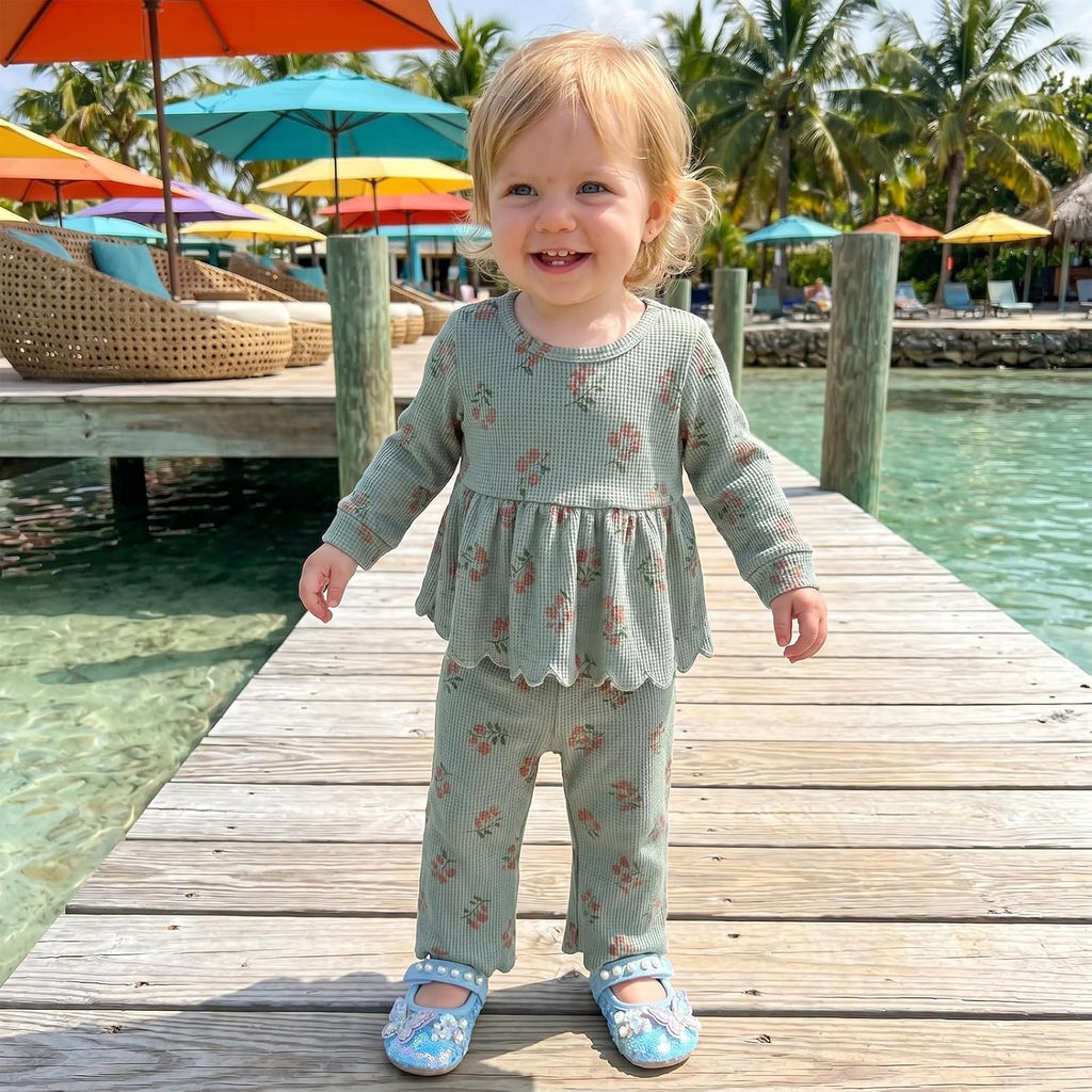 Toddler Girl Fall Winter Clothes Waffle Knit Outfits Floral Long Sleeve Scalloped Shirt Pants Baby Kids Clothing Set
