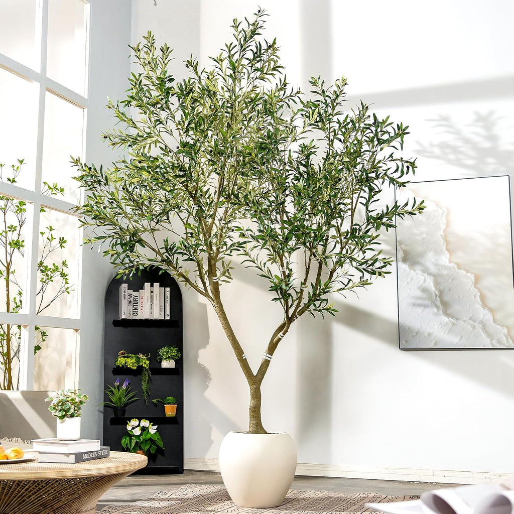 10ft Faux Olive Tree with White Pot & Moss, Artificial Olive Tree Indoor Outdoor, PE/PVC Leaves, Realistic Resin