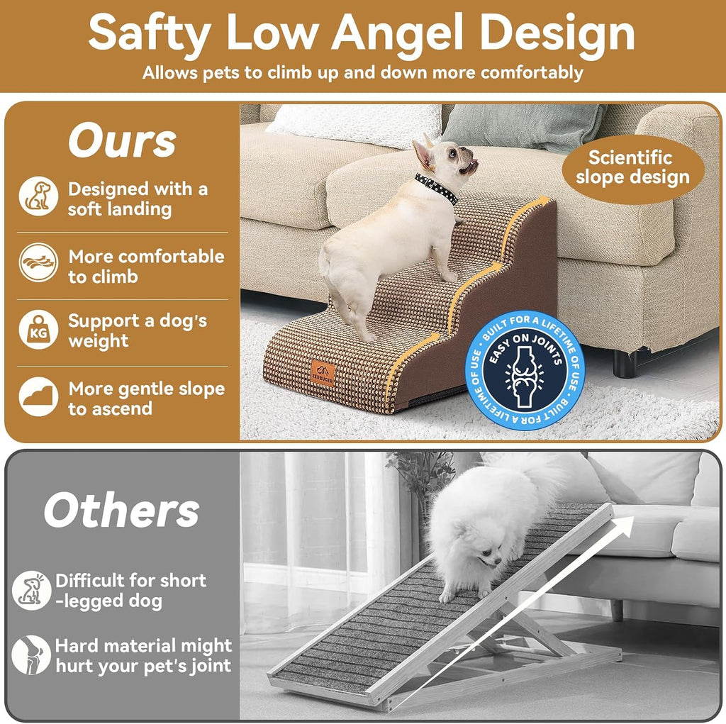Dog Ramp and Stairs for Bed, Coffee 3 Steps 16" H, Nonslip Cover