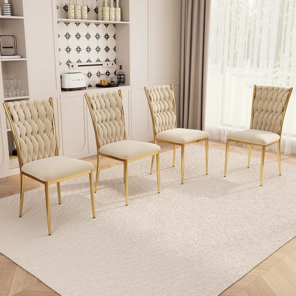 Velvet Dining Chairs Set of 4, Modern Woven Kitchen Chairs with Gold Metal Legs, Upholstered Cushion with High Back