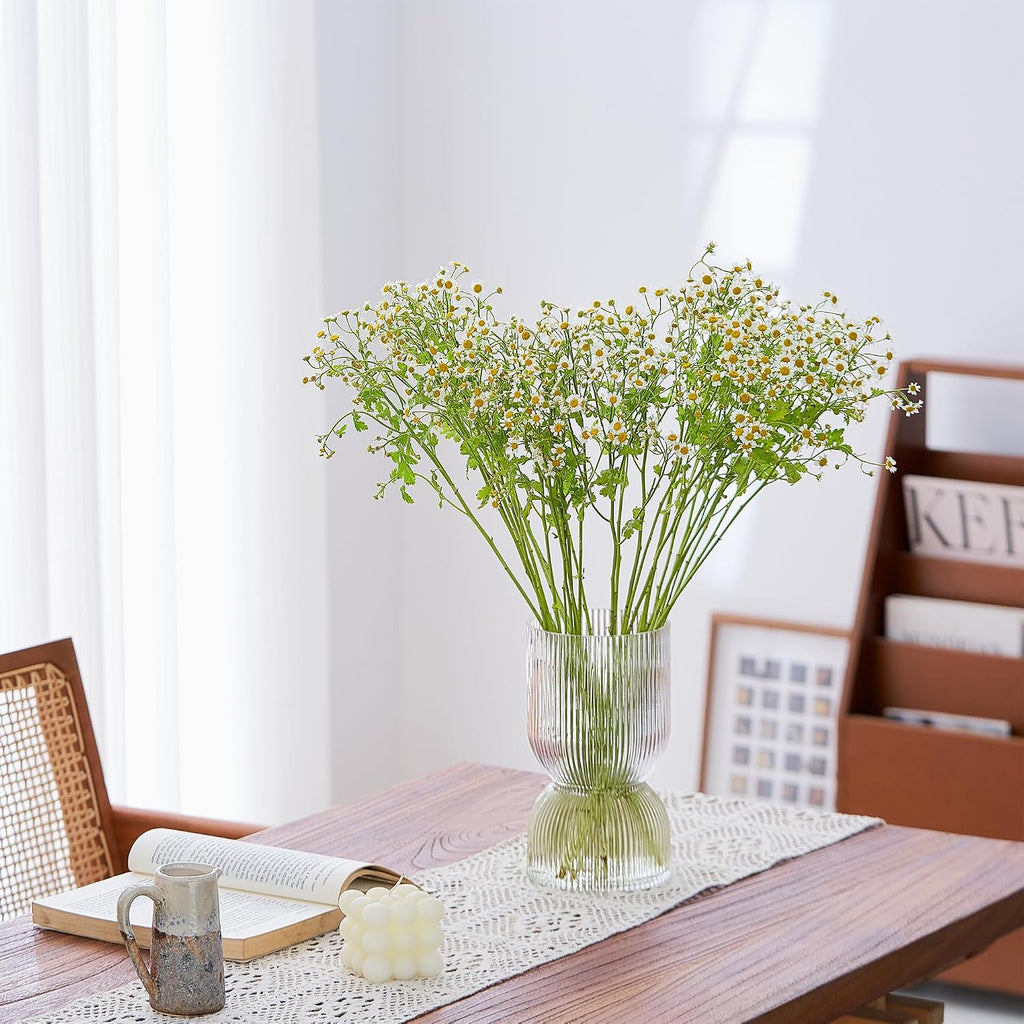 7.5 inch Vase for Flowers, Clear Ribbed Thickened Glass Vases, Hourglass Bud Flower Vase for Bookshelf, Dinner Table