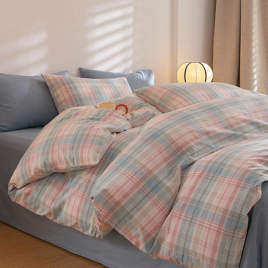 Blush Blue Plaid Comforter Set Gingham Grid 3 Pieces Vintage Checkered Pattern Comforter Buffalo Plaid