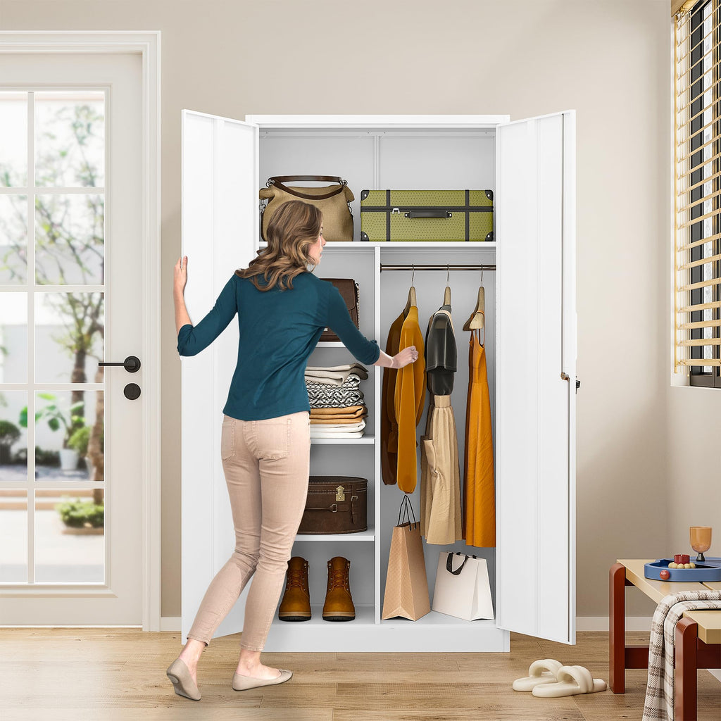 White Wardrobe Cabinet with Lock and Hanging Rod, 72" Armoire Closet with Shelf, Lockable Storage Locker, Metal Storage