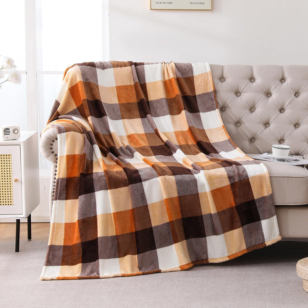 Buffalo Plaid Flannel Fleece Throw Blanket 90 x 108 Inches, Orange