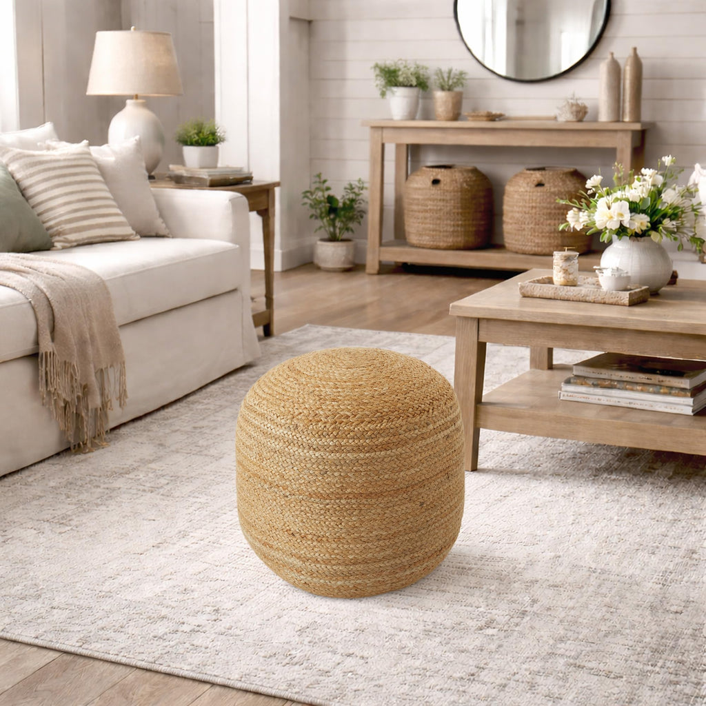 Hand-Braided Jute Pouf Ottoman Footrest, 18" W x 18" D x 18" H - Round, Natural Woven Boho Floor Cushion, Home Decor