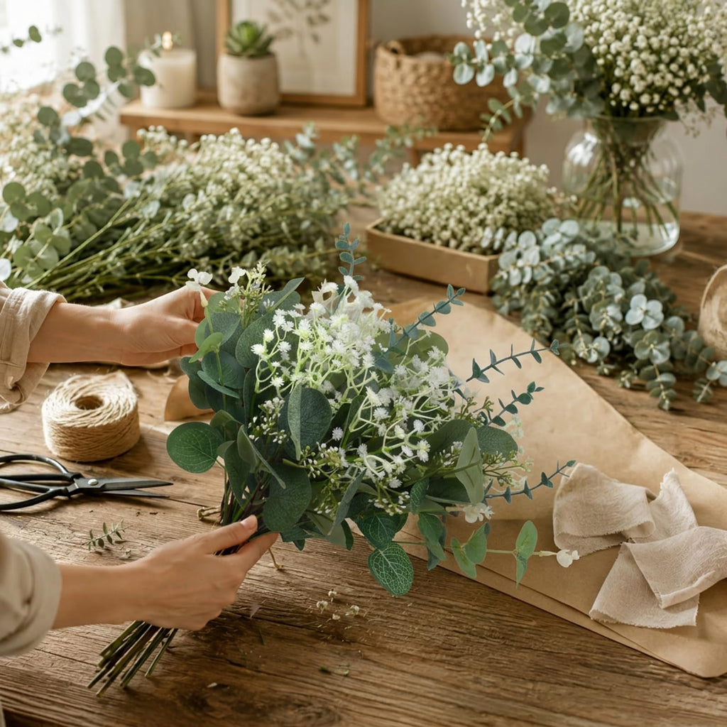 150Pcs Artificial Greenery Stems Eucalyptus & Baby's Breath Flowers