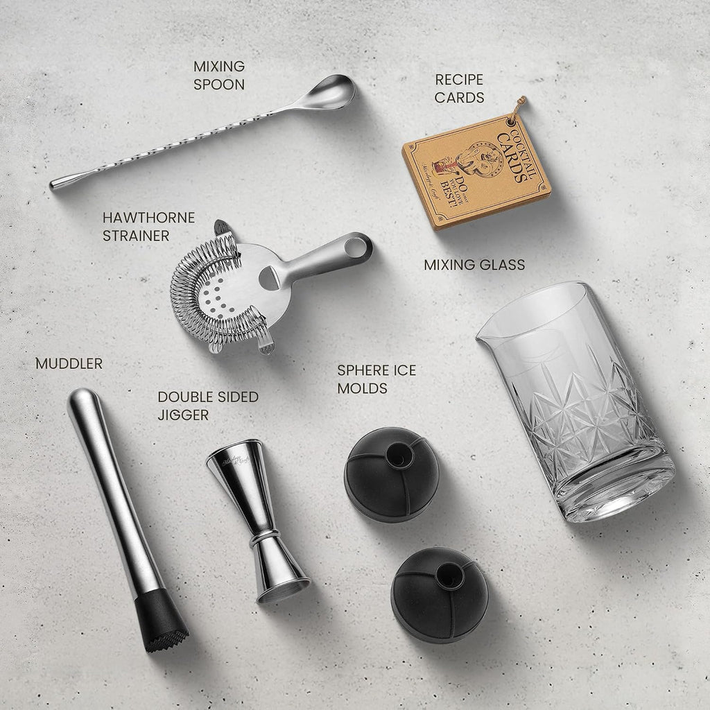 Cocktail Set - 7-Piece Bartender Kit with Mixing Glass Set, Japanese Jigger, Spoon, Muddler, and Strainer - Perfect
