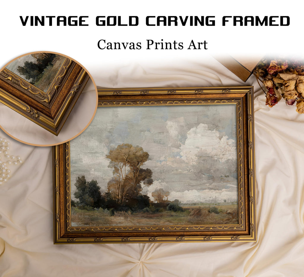 Vintage Gold Framed Landscape Wall Art Antique Cloudy Country Tree Painting