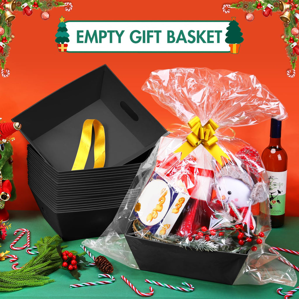 6PACK Black Baskets For Gifts Empty, 10x12"Thick Black Gift Basket with 6 Bows 6 Bags Empty Gift Baskets for