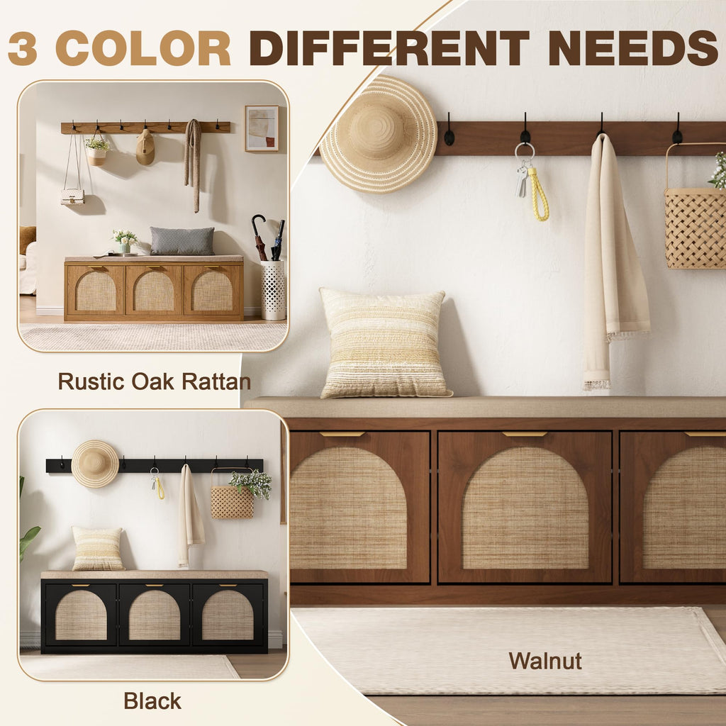 Rattan Narrow Entryway Bench with Shoe Storage, 3 Flip Drawers & Coat Rack, Mid-Century Modern Wood Shoe Cabinet with