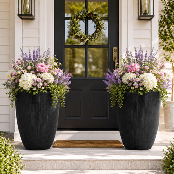 19" Black Concrete-Look Resin Tall Planters with Fluted Texture