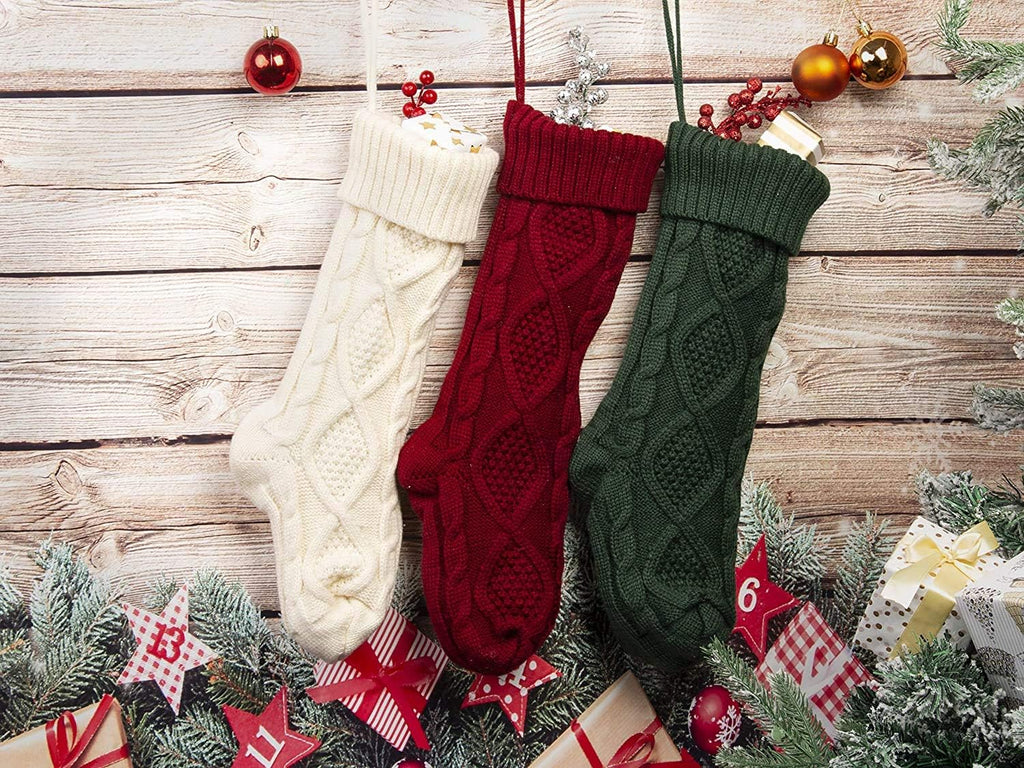 Cable Knit Christmas Stockings Kits Solid Color White Ivory Classic Decorations 18" (18inch 3PCS, White&red&Green)