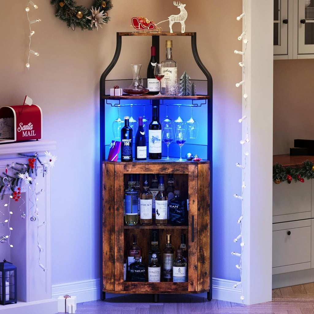 Corner Bar Wine Cabinet with LED Lights, 5-Tier Industrial Wine Cabinet with Glass Holder, Modern Liquor Cabinet with
