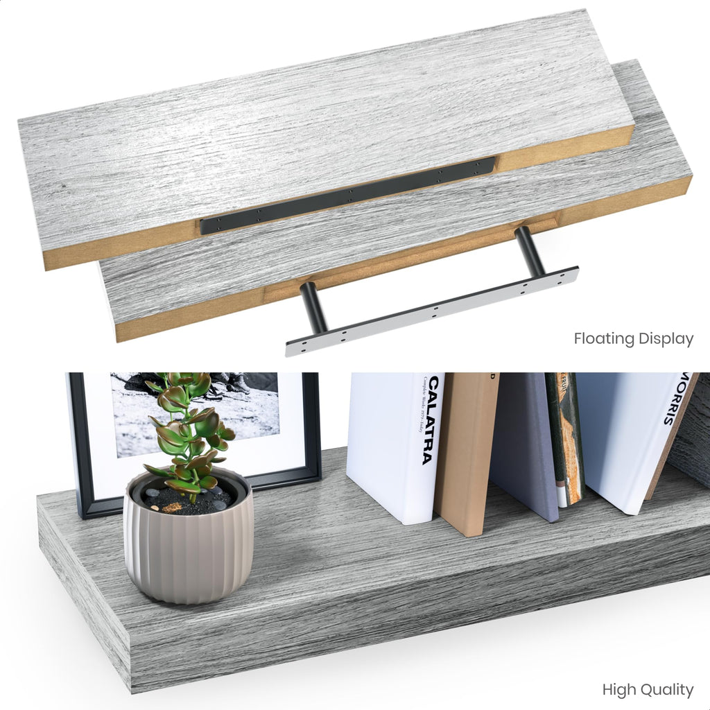 Floating Shelves, 36" Wood Wall Shelf Set of 2, with Invisible Brackets, 6" Deep, Rustic Gray