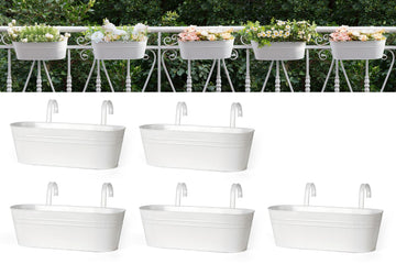 15 Inches Railing Planter Box 5 Pcs Metal Hanging Flower Pots, White