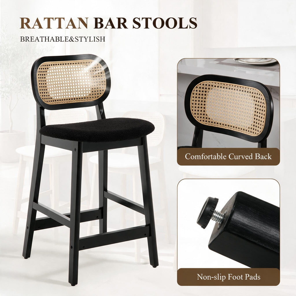 Rattan Counter Height Bar Stools Set of 4 Upholstered Sherpa Barstools with Cane Back Boho Wood Farmhouse Kitchen