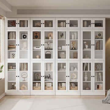 85.5" Modern Bookcase with Glass Doors Set of 4, 7-Tier Tall Wooden Bookshelf with Storage , Large Curio Cabinet