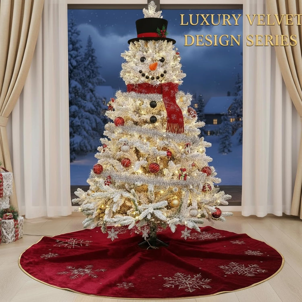 Burgundy Velvet Tree Skirt 60 Inch, Gold Snowflake Rhinestone