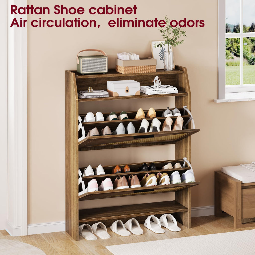 Rattan Shoe Storage Cabinet with 2 Flip Drawers, Wooden Shoe Cabinet with Adjustable Shelf, Narrow Shoe Rack