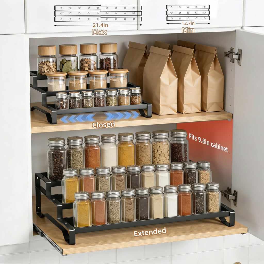 Expandable Spice Rack Organizer for Cabinet 3 Tier Black 1Pack