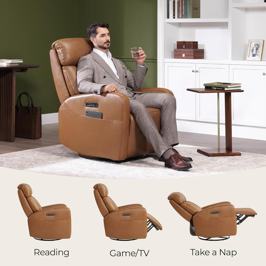 Leather Power Swivel Recliner Chair for Adults, Triple Motor Electric Rocker Recliner with Adjustable Headrest and