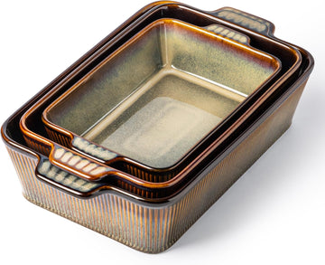 Casserole Dishes for Oven, Ceramic Dish Set of 3 | Deep Rectangular Dishes with Handles, Reactive Glaze Bakeware Set