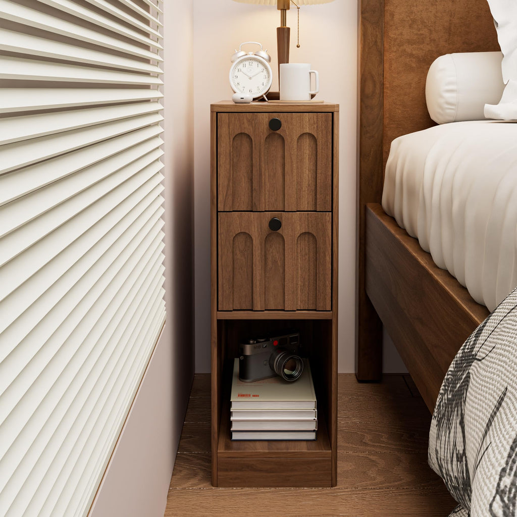 Narrow Walnut Nightstand Set of 2, Small Bedside Table with Arched Drawer, Wood Nightstand, Skinny Side End Table