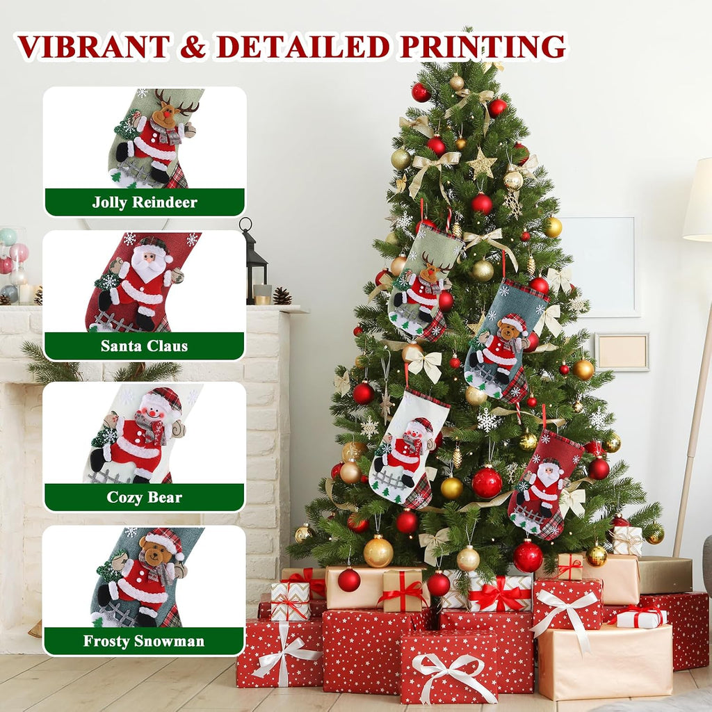 S Personalized 4 Pack - Customized Small Xmas Stockings Bulk with Reindeer, Santa Claus, Snowman, Bear for Christmas - Set of 4