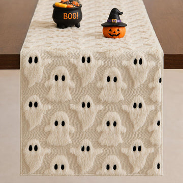 Halloween Table Runner 13x72 Inch Soft Plush Faux Fur Jacquard Beige Ghost Table Runner Holiday Kitchen Dining Table