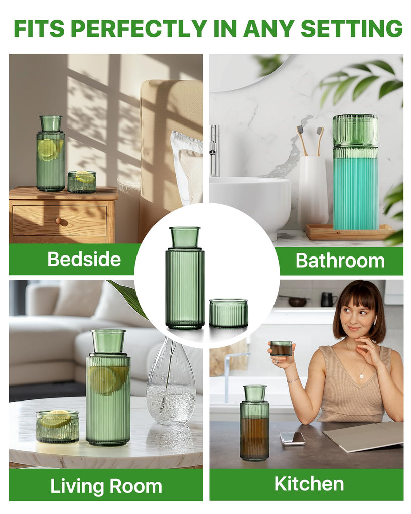 Bedside Water Carafe and Glass Set, 27oz, Vertical Striped