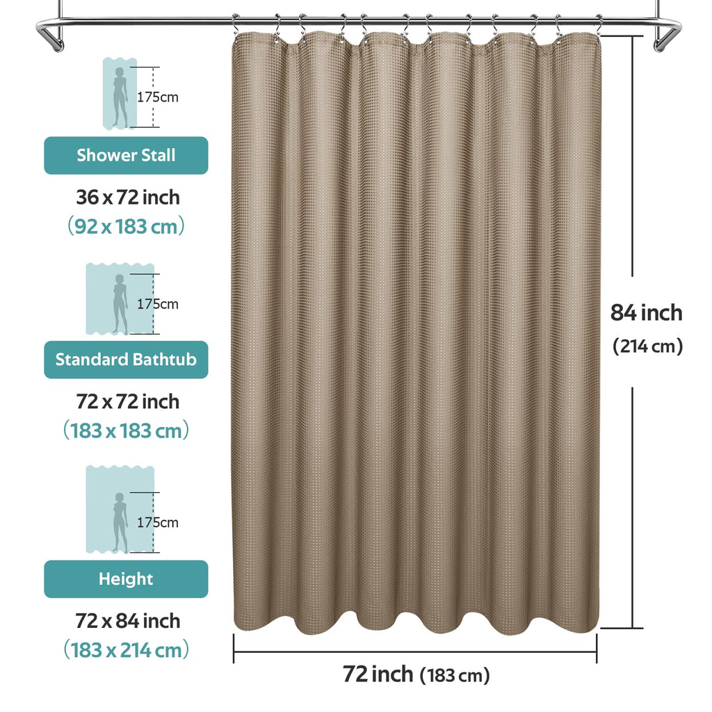 3 in 1 Waffle Shower Curtain & Liner Set, 258 GSM Heavy Duty Fabric, 12 Hooks, Weighted Hem, Water Repellent