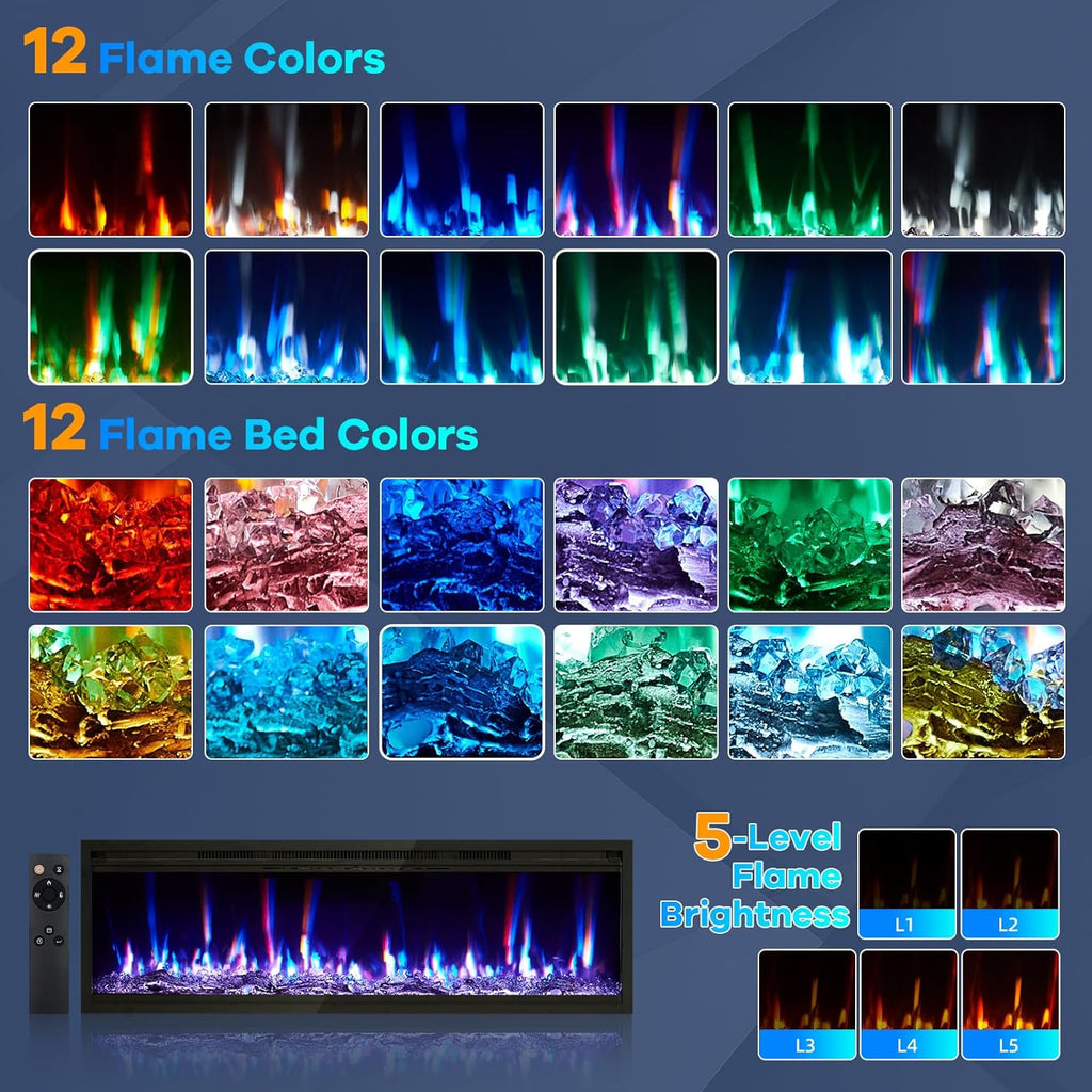 50 in Electric Fireplace Inserts, 750/1500W Recessed and Wall Mounted Fireplace Heater with Remote Control